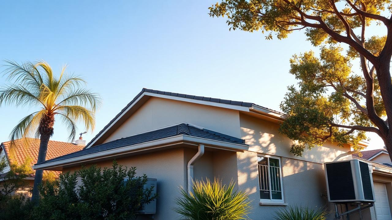 Sacramento home exterior on a hot summer day with a residential AC condenser unit
