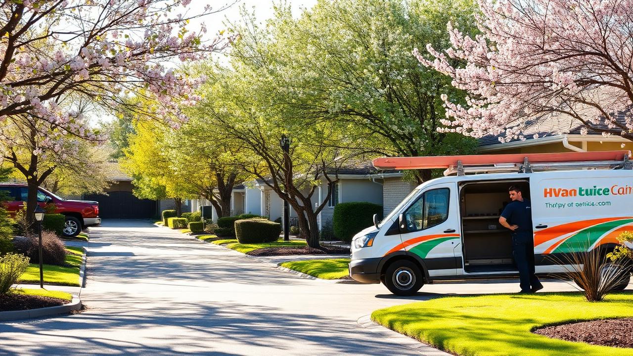 Sacramento HVAC service van parked at a home in spring