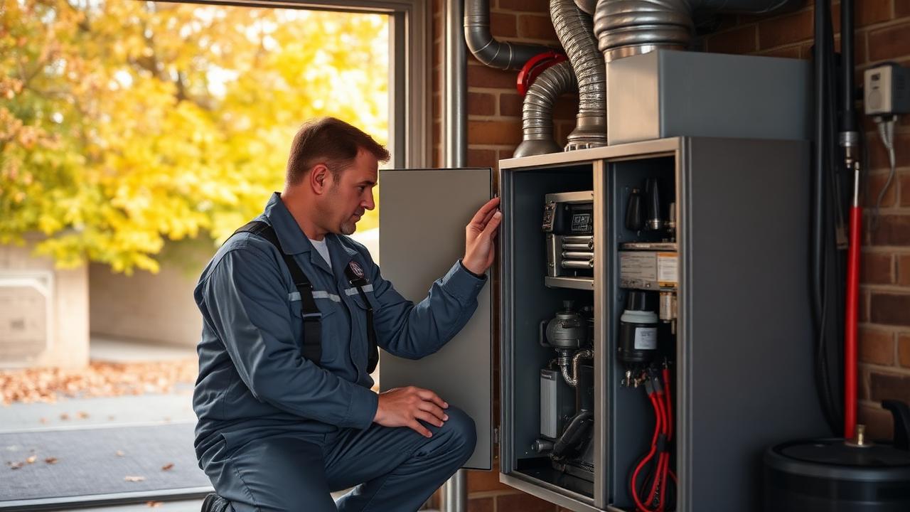 HVAC technician inspecting a residential gas furnace in a Sacramento garage