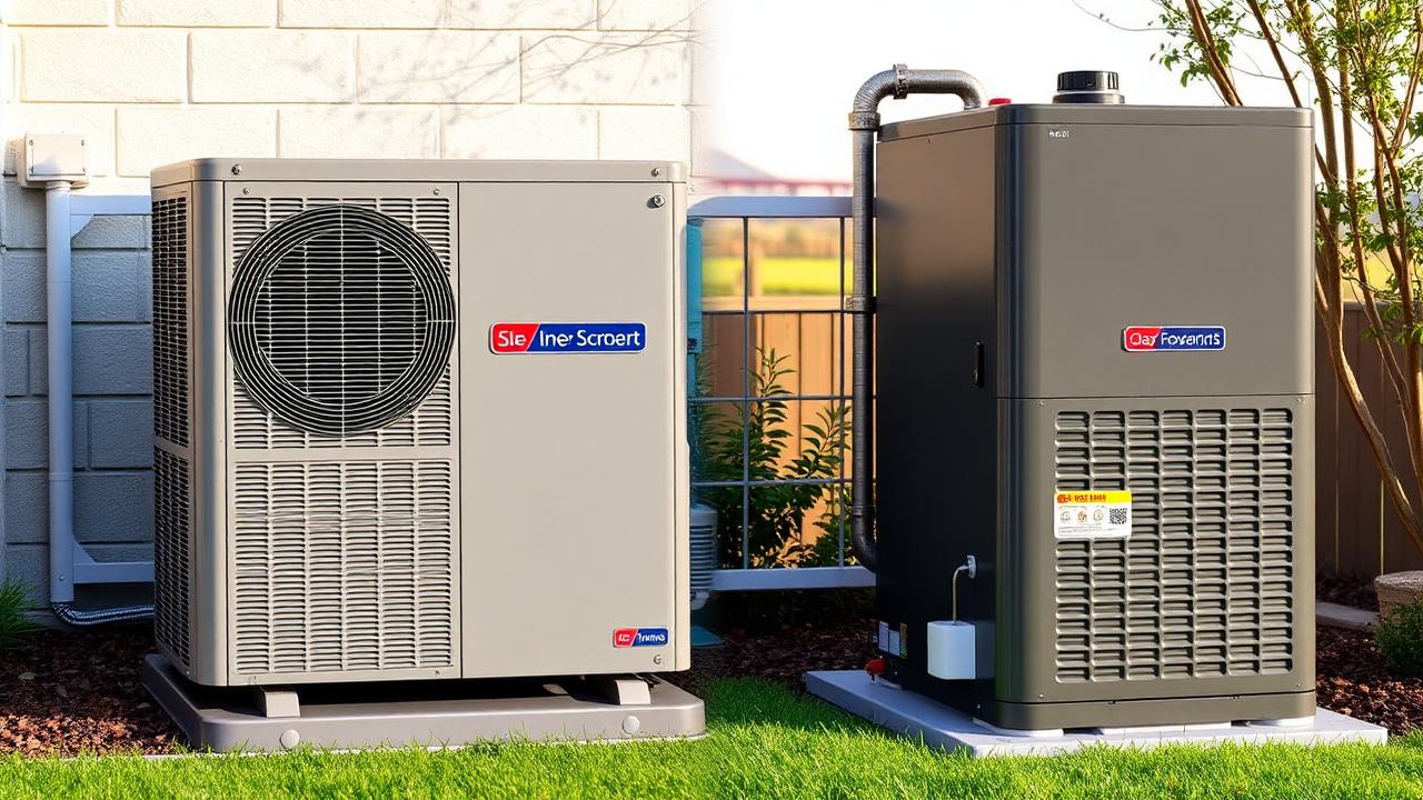 Heat pump and gas furnace side by side in a Sacramento backyard