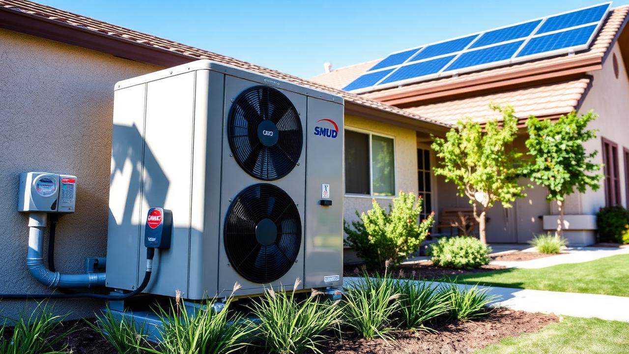 Modern heat pump and SMUD electric meter at a Sacramento home with solar panels