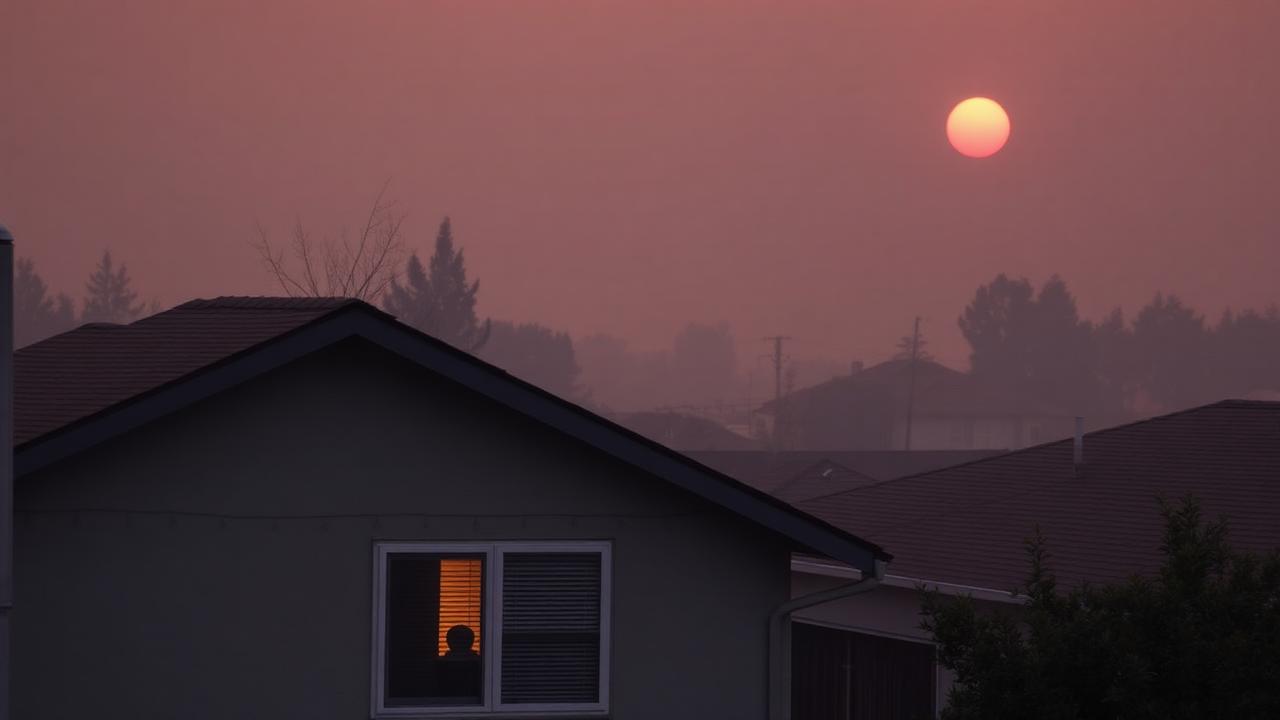 Sacramento home under orange wildfire smoke haze with red sun