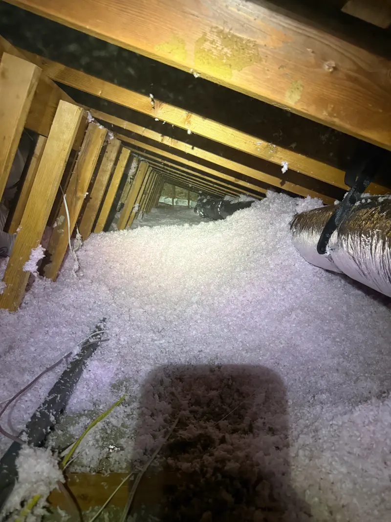 View along attic rafters showing duct runs and blown-in insulation